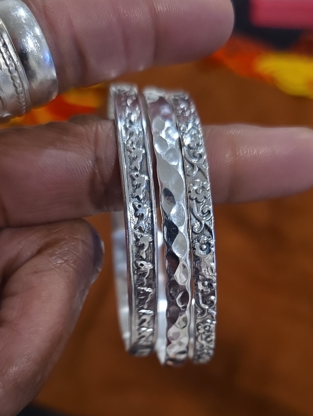 925 Sterling Silver Textured Bangle Set Of Three. Ladies Size 8